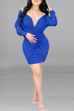 Blue Casual Solid Fold V Neck Waist Skirt Dresses