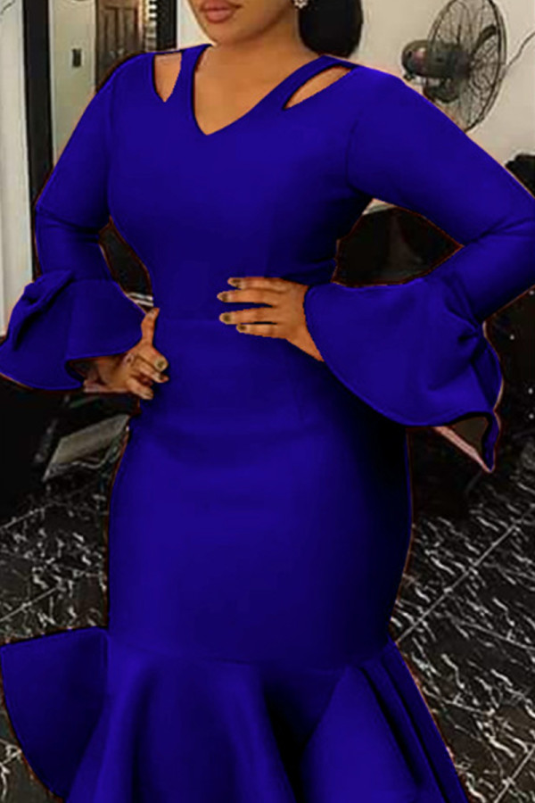 Blue Sexy Formal Solid Hollowed Out Patchwork V Neck Evening Dress Dresses