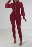 Coffee Sexy Solid Sequins Zipper Collar Skinny Jumpsuits
