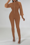 Coffee Sexy Solid Sequins Zipper Collar Skinny Jumpsuits