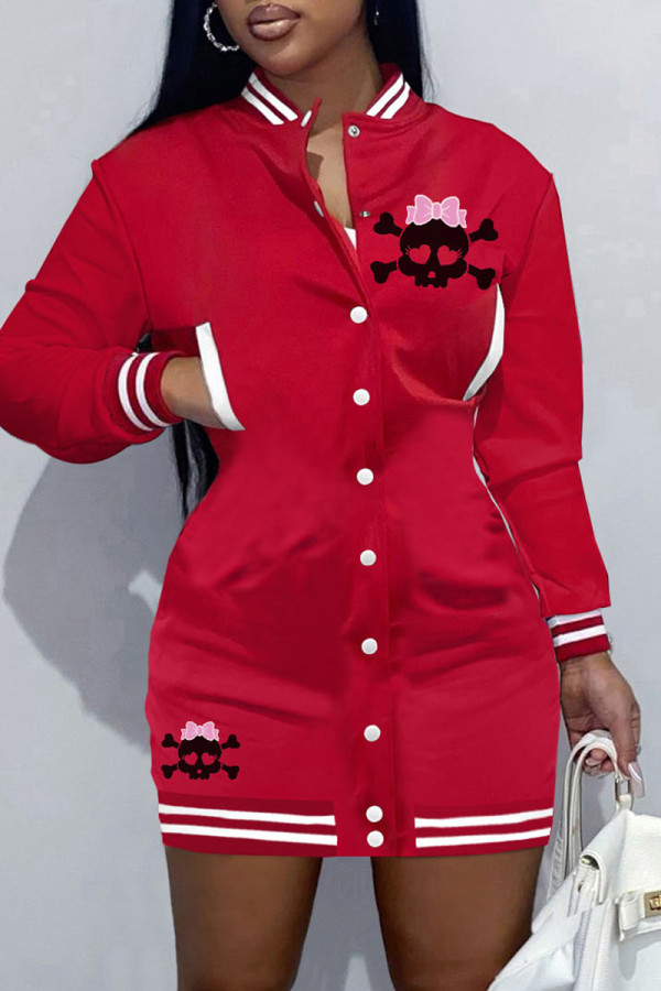 Red Casual Skull Head Print Patchwork O Neck Long Sleeve Dresses