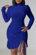 Blue Casual Solid Draw String Frenulum Fold Turtleneck Long Sleeve Dresses