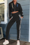 Black Casual Letter Print Patchwork V Neck Long Sleeve Two Pieces