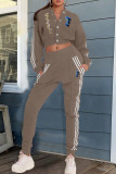 Brown Casual Letter Print Patchwork V Neck Long Sleeve Two Pieces