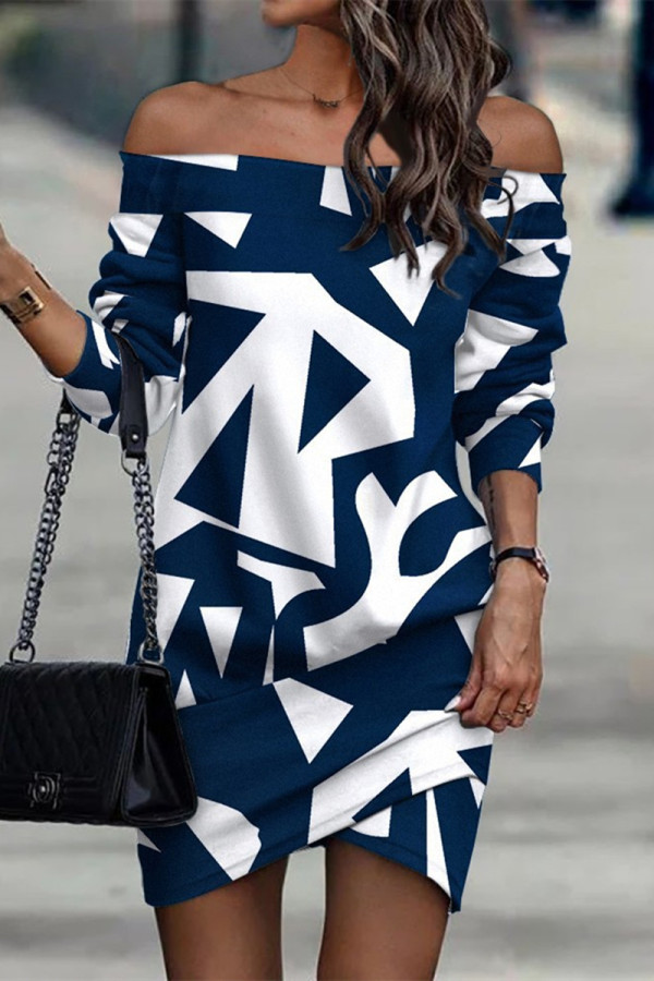 Blue Casual Print Patchwork Off the Shoulder Long Sleeve Dresses
