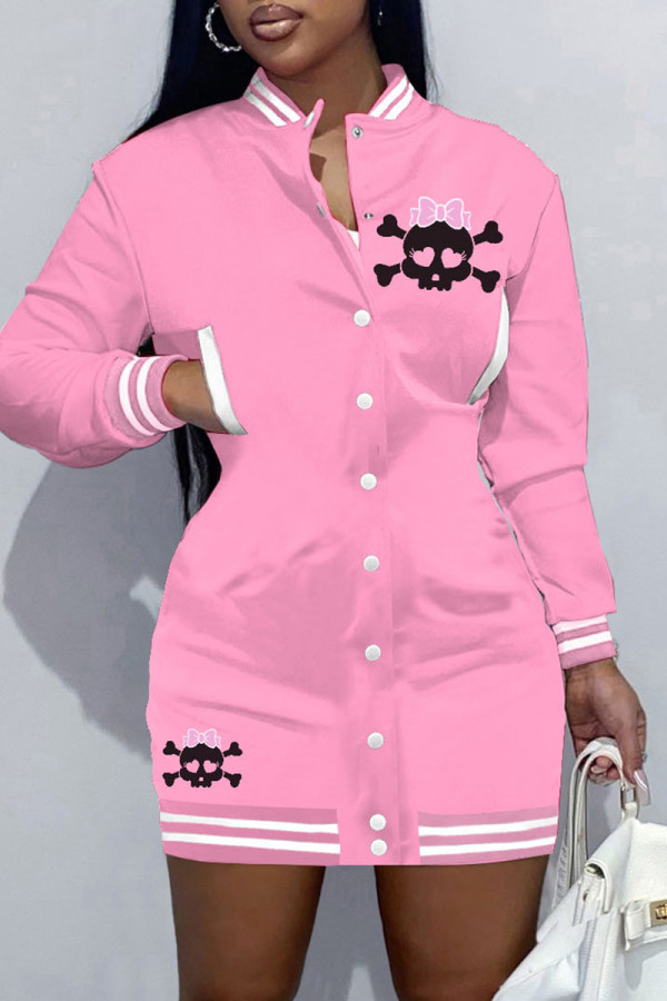 Pink Casual Skull Head Print Patchwork O Neck Long Sleeve Dresses