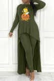 Grey Casual Cartoon Print Patchwork Asymmetrical O Neck Long Sleeve Two Pieces