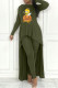 Army Green Casual Cartoon Print Patchwork Asymmetrical O Neck Long Sleeve Two Pieces