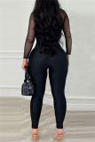 Black Sexy Solid Patchwork See-through O Neck Skinny Jumpsuits