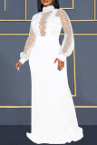 White Sexy Patchwork See-through Slit Turtleneck Long Sleeve Dresses