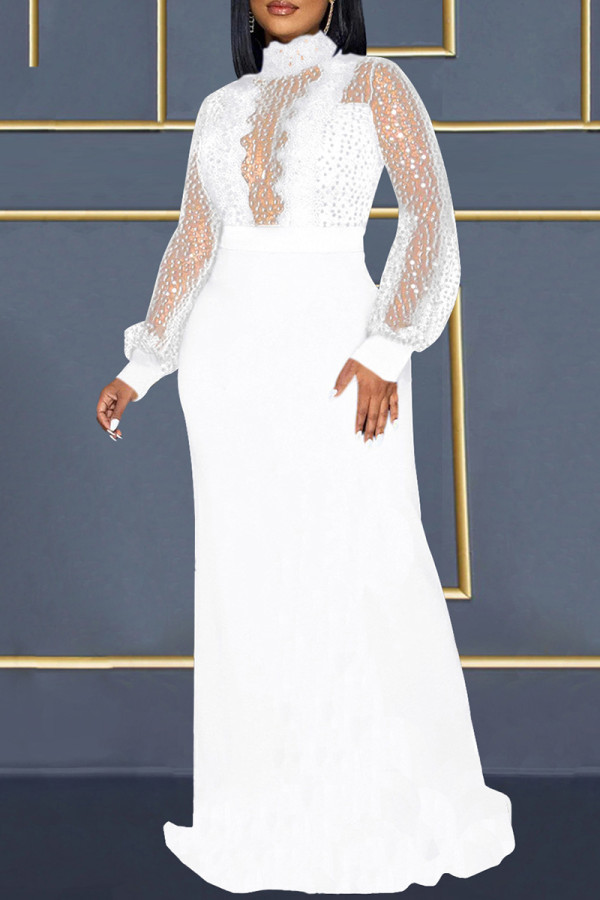 White Sexy Patchwork See-through Slit Turtleneck Long Sleeve Dresses
