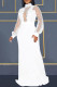 White Sexy Patchwork See-through Slit Turtleneck Long Sleeve Dresses