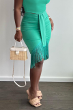 Light Green Casual Solid Tassel Skinny High Waist Pencil Solid Color Bottoms