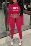 Rose Red Casual Letter Print Patchwork Half A Turtleneck Long Sleeve Two Pieces
