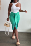 Light Green Casual Solid Tassel Skinny High Waist Pencil Solid Color Bottoms