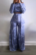 Navy Blue Street Patchwork Tie-dye O Neck Long Sleeve Two Pieces