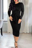 Black Casual Solid Patchwork Frenulum O Neck Long Sleeve Dresses