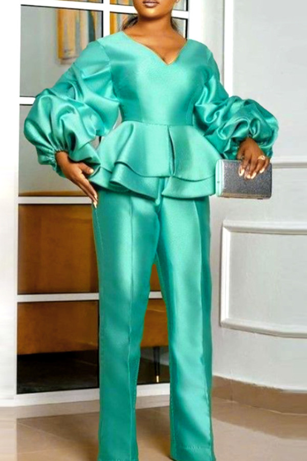 Cyan Green Casual Solid Patchwork V Neck Regular Jumpsuits