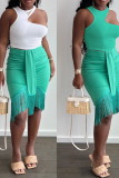 Light Green Casual Solid Tassel Skinny High Waist Pencil Solid Color Bottoms