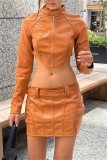 Orange Sexy Casual Solid Patchwork Turtleneck Long Sleeve Two Pieces