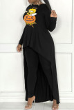 Grey Casual Cartoon Print Patchwork Asymmetrical O Neck Long Sleeve Two Pieces