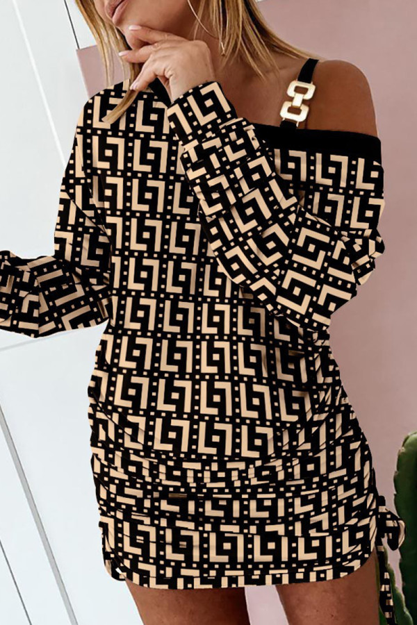 Khaki Casual Print Patchwork Oblique Collar Long Sleeve Dresses