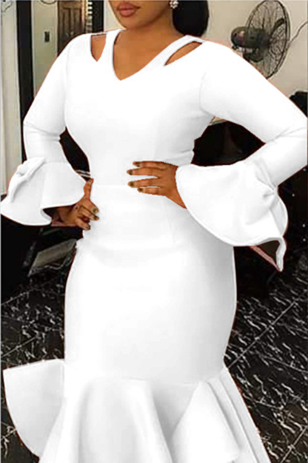 White Sexy Formal Solid Hollowed Out Patchwork V Neck Evening Dress Dresses