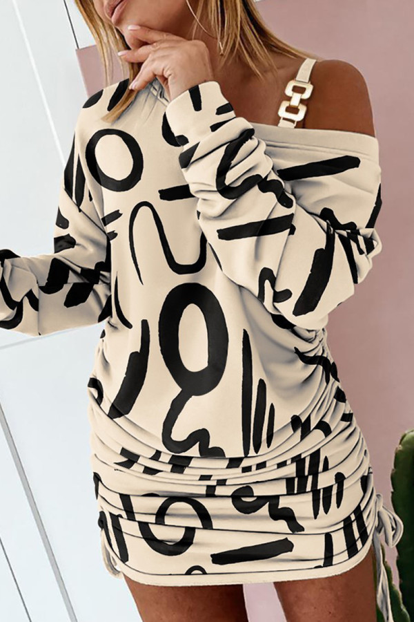 Apricot Casual Print Patchwork Oblique Collar Long Sleeve Dresses