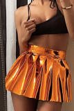 Orange Casual Patchwork Fold Regular High Waist Type A Solid Color Bottoms