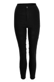 Light Blue Sexy Street Solid Hollowed Out Patchwork High Waist Pencil Solid Color Bottoms
