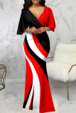 Red Street Patchwork Flounce V Neck Pencil Skirt Dresses