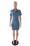 Deep Blue Fashion Casual Solid Buckle Turndown Collar Denim Dress
