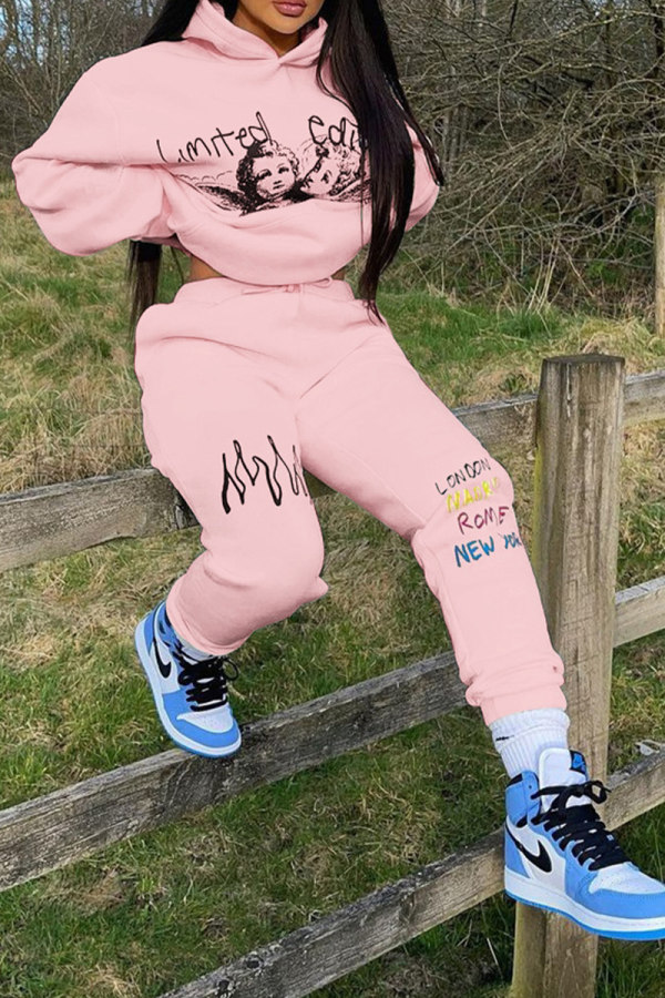 Pink Casual Print Patchwork Hooded Collar Long Sleeve Two Pieces