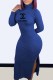 Deep Blue Sexy Print Slit Letter Turtleneck One Step Skirt Dresses
