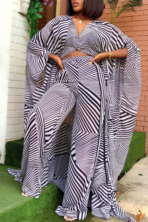 Black And White Street Print Patchwork V Neck Long Sleeve Two Pieces
