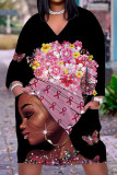 Black Pink Casual Print Patchwork V Neck Straight Dresses