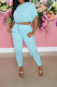 Light Blue Street Solid Patchwork O Neck Short Sleeve Two Pieces