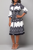 Black And White Street Print Patchwork Turndown Collar Waist Skirt Dresses
