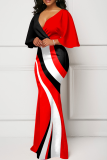 Red Street Patchwork Flounce V Neck Pencil Skirt Dresses