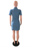 Deep Blue Fashion Casual Solid Buckle Turndown Collar Denim Dress