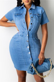 Light Blue Fashion Casual Solid Buckle Turndown Collar Denim Dress