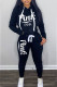 Black Street Print Letter Hooded Collar Long Sleeve Two Pieces
