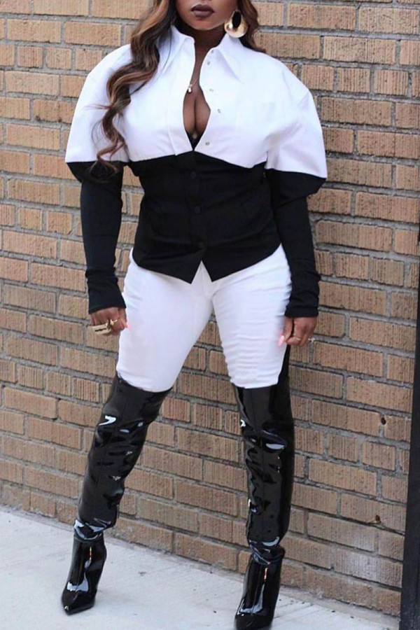 White Casual Solid Patchwork Buckle Turndown Collar Long Sleeve Two Pieces