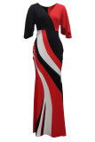 Red Street Patchwork Flounce V Neck Pencil Skirt Dresses