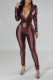 Brown Sexy Solid Bandage Patchwork V Neck Regular Jumpsuits