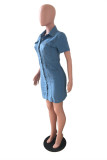 Deep Blue Fashion Casual Solid Buckle Turndown Collar Denim Dress