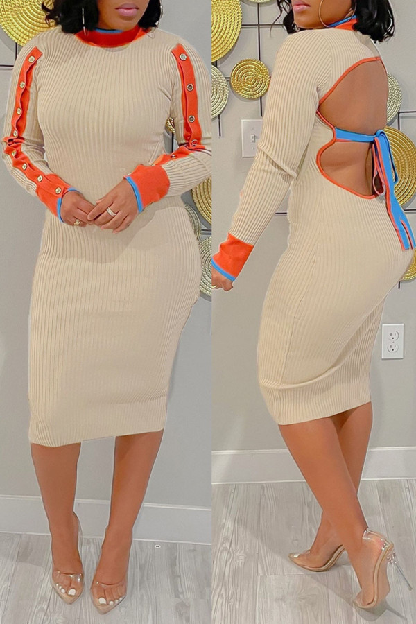 Cream White Sexy Solid Patchwork Backless Half A Turtleneck One Step Skirt Dresses