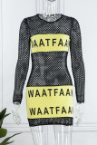Black Sexy Street Print Hollowed Out Patchwork O Neck Pencil Skirt Dresses
