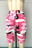 Camouflage Pink Yellow Camouflage Denim Zipper Fly Mid Hole washing pencil Capris Bottoms