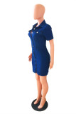 Deep Blue Fashion Casual Solid Buckle Turndown Collar Denim Dress